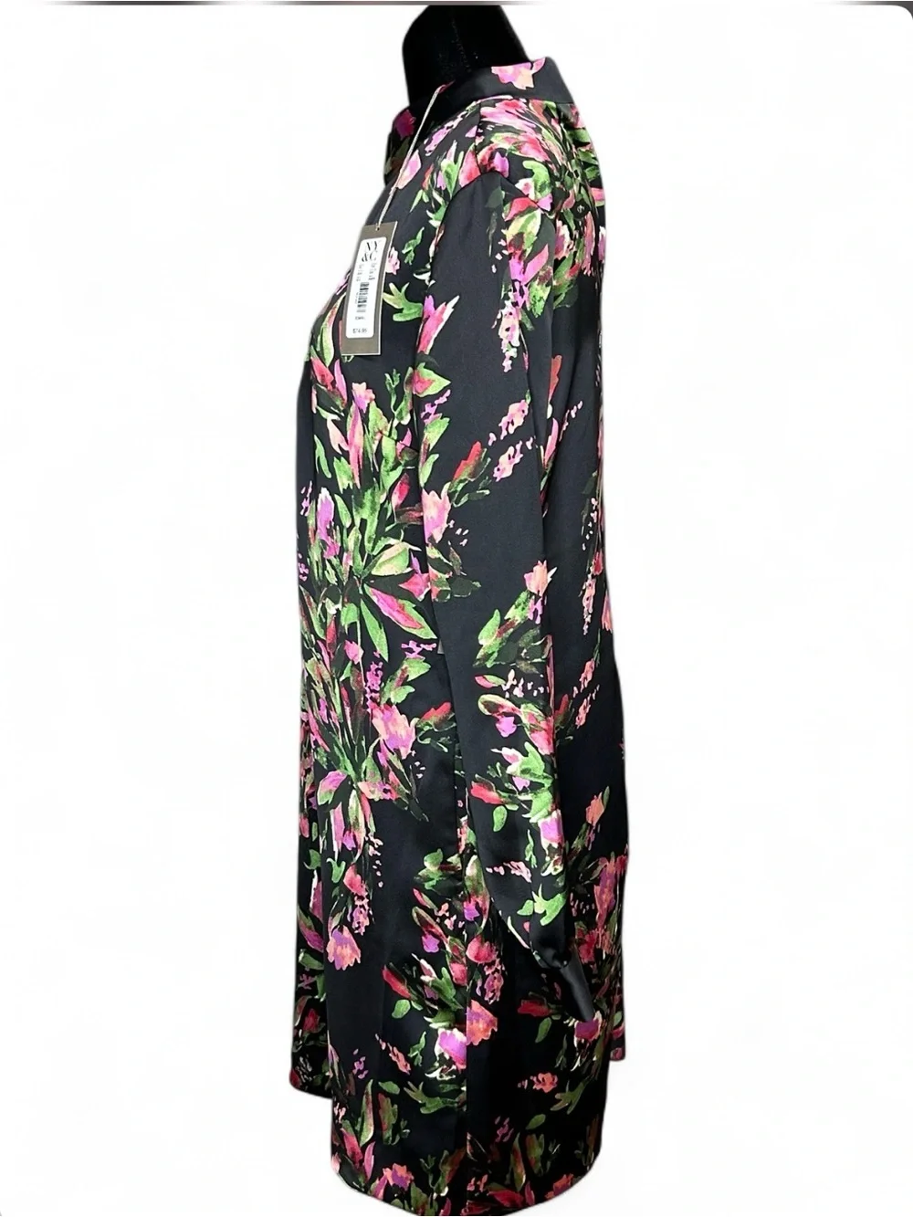 Eva Mendez Black Floral Satin Shift Dress - Pink & Green Blooms Long Sleeves NWT
